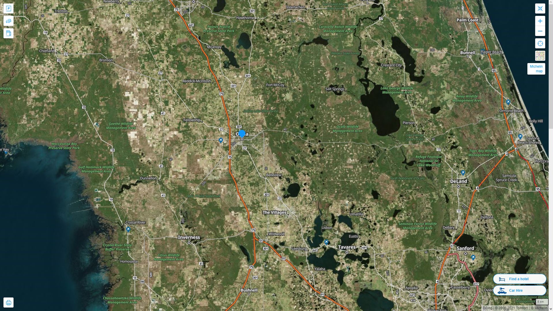 Ocala Florida Highway and Road Map with Satellite View